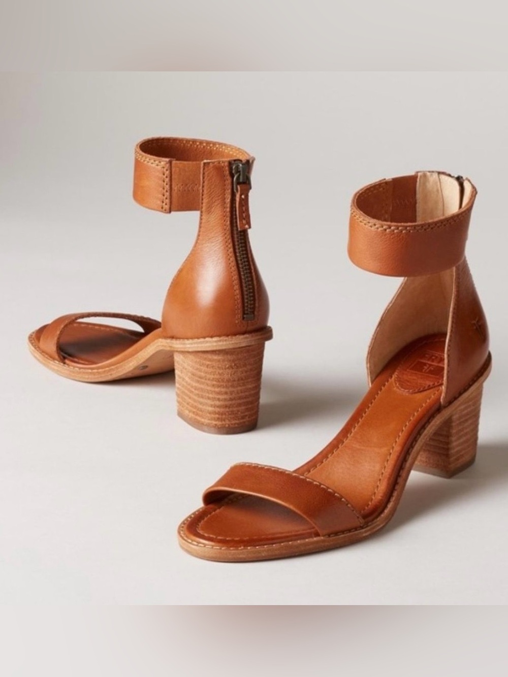 Frye | Brielle Cognac Leather Sandal | Chic | Ankle Strap | Block Heel |7.5